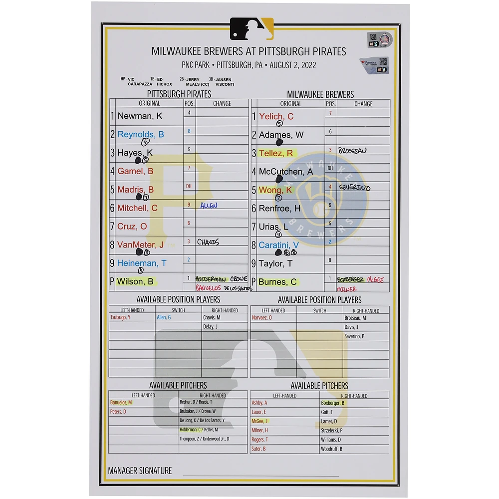 Pittsburgh Pirates Game-Used Lineup Card vs. Milwaukee Brewers on August 2, 2022