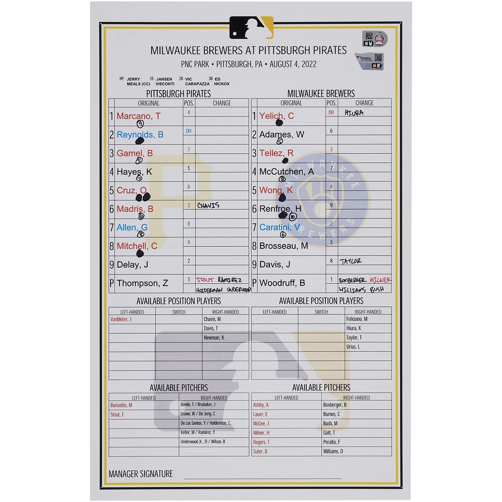 Pittsburgh Pirates Game-Used Lineup Card vs. Milwaukee Brewers on August 4, 2022