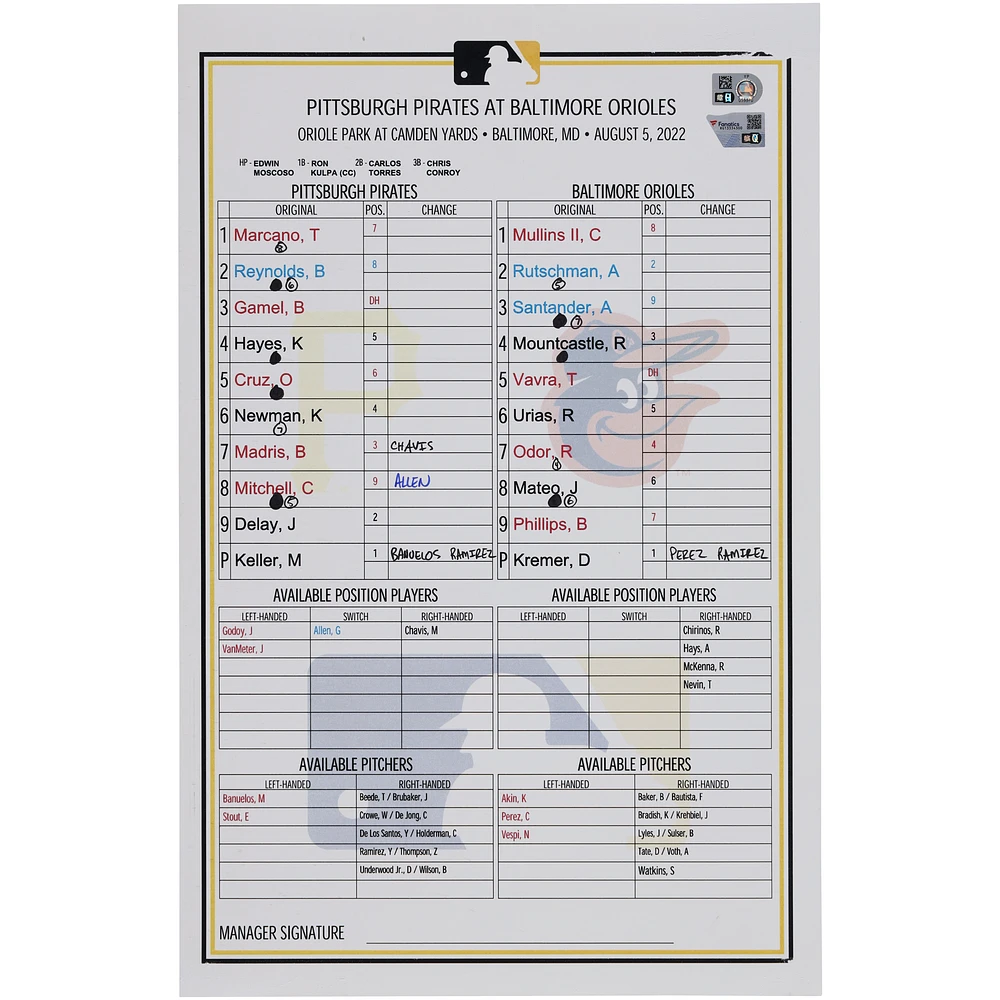 Pittsburgh Pirates Game-Used Lineup Card vs. Baltimore Orioles on August 5, 2022