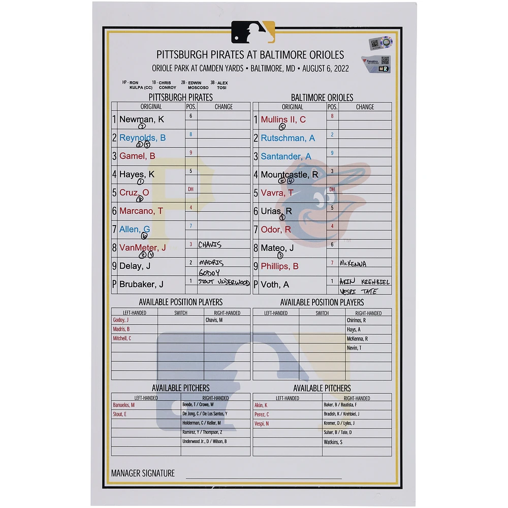 Pittsburgh Pirates Game-Used Lineup Card vs. Baltimore Orioles on August 6, 2022
