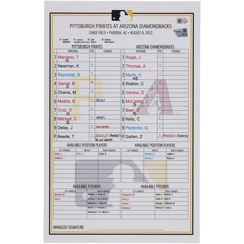 Pittsburgh Pirates Game-Used Lineup Card vs. Arizona Diamondbacks on August 8, 2022