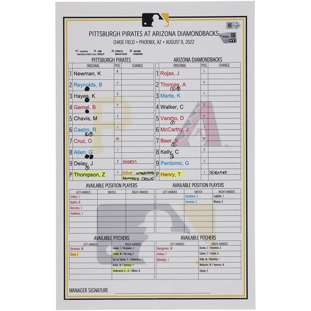 Pittsburgh Pirates Game-Used Lineup Card vs. Arizona Diamondbacks on August 9, 2022