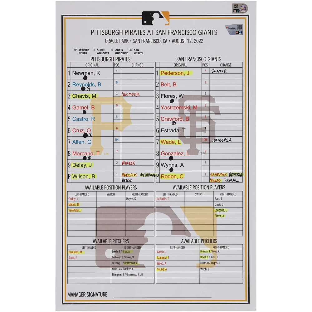 Pittsburgh Pirates Game-Used Lineup Card vs. San Francisco Giants on August 12, 2022