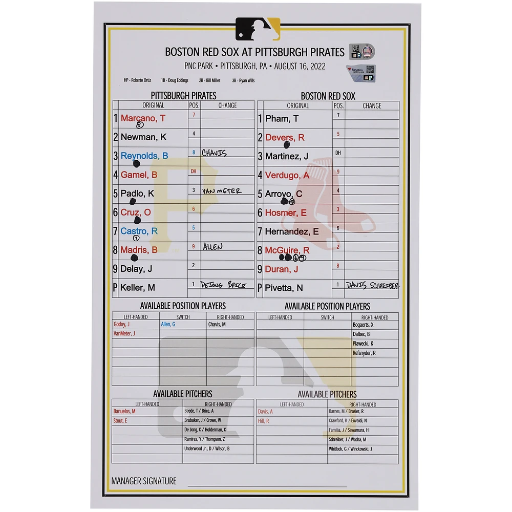 Pittsburgh Pirates Game-Used Lineup Card vs. Boston Red Sox on August 16, 2022