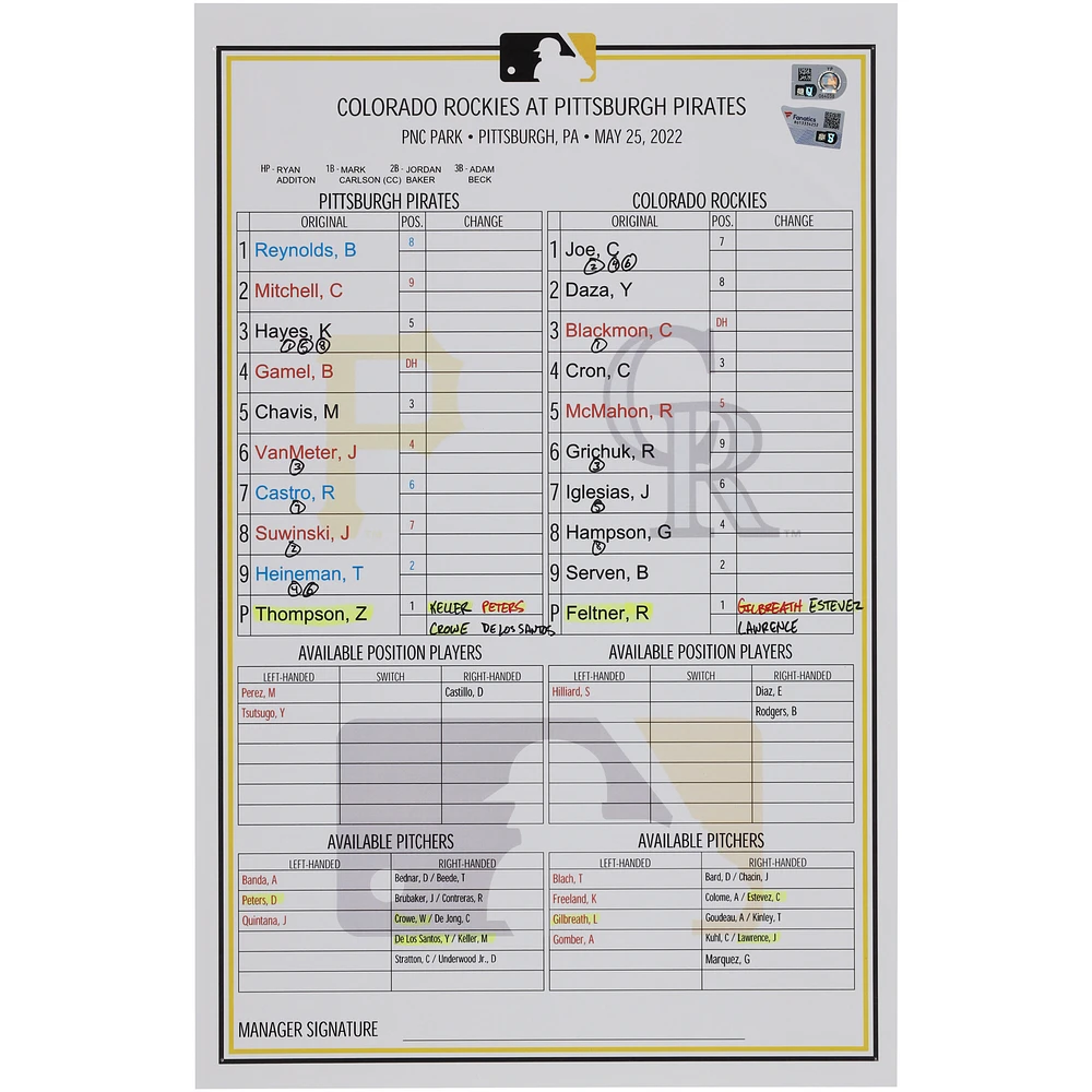 Pittsburgh Pirates Game-Used Lineup Card vs. Colorado Rockies on May 25, 2022