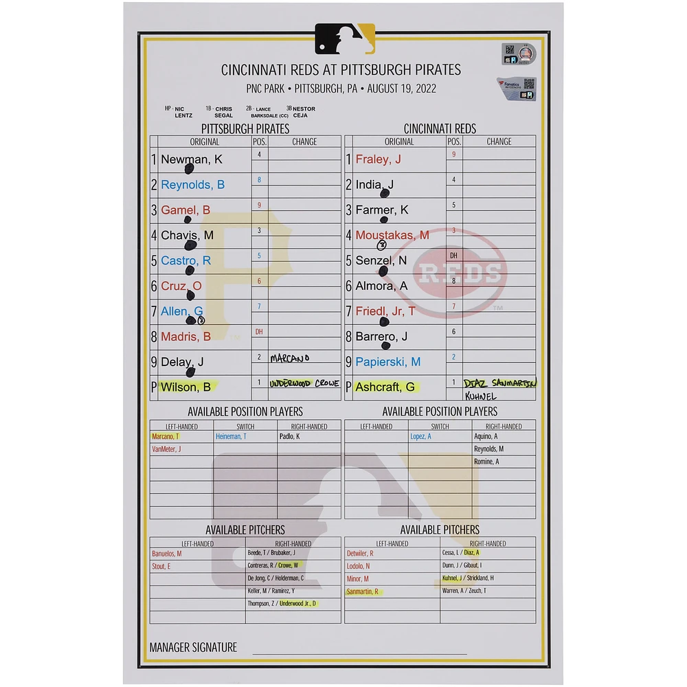 Pittsburgh Pirates Game-Used Lineup Card vs. Cincinnati Reds on August 19, 2022