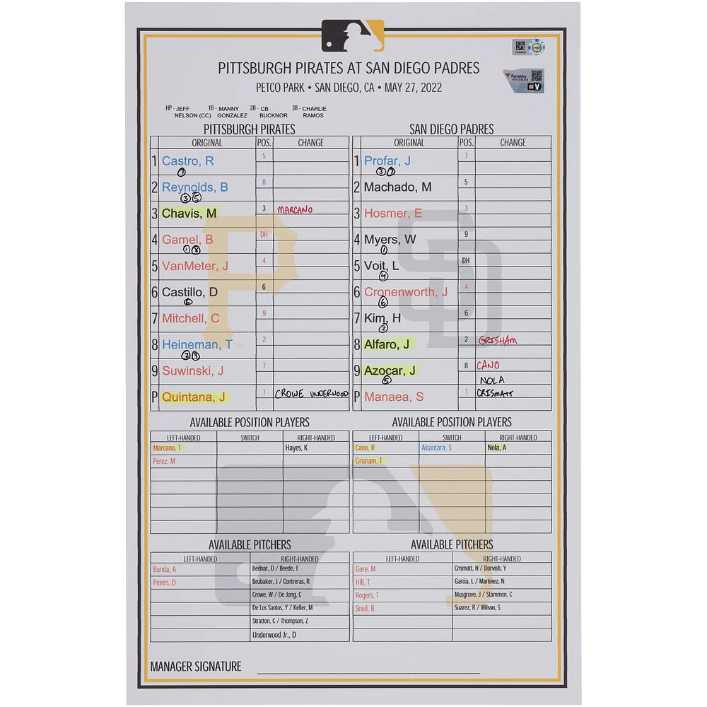 Pittsburgh Pirates Game-Used Lineup Card vs. San Diego Padres on May 27, 2022