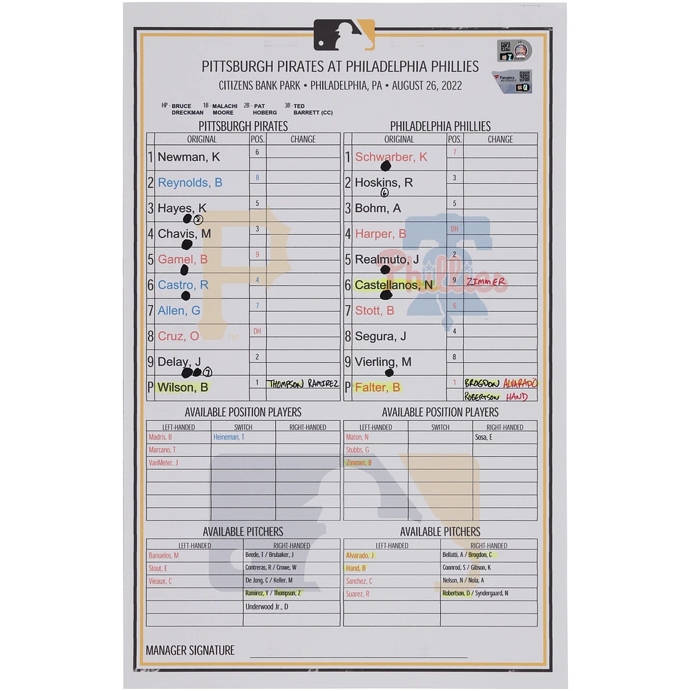 Pittsburgh Pirates Game-Used Lineup Card vs. Philadelphia Phillies on August 26, 2022