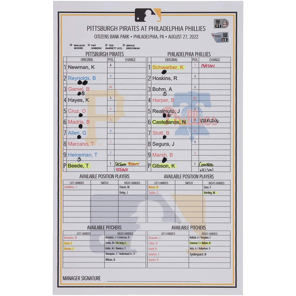 Pittsburgh Pirates Game-Used Lineup Card vs. Philadelphia Phillies on August 27, 2022