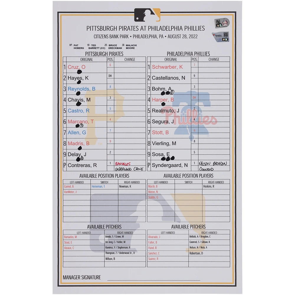 Pittsburgh Pirates Game-Used Lineup Card vs. Philadelphia Phillies on August 28, 2022