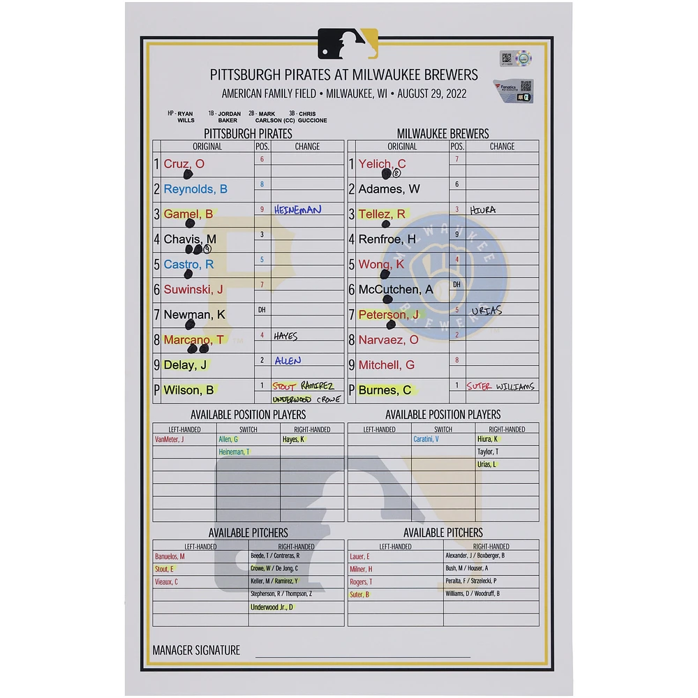 Pittsburgh Pirates Game-Used Lineup Card vs. Milwaukee Brewers on August 29, 2022