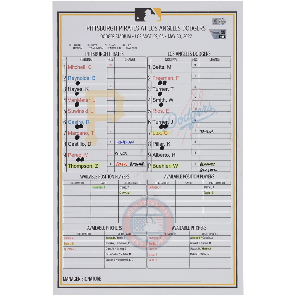 Pittsburgh Pirates Game-Used Lineup Card vs. Los Angeles Dodgers on May 30, 2022