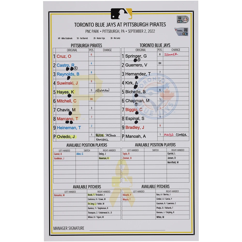 Pittsburgh Pirates Game-Used Lineup Card vs. Toronto Blue Jays on September 2, 2022