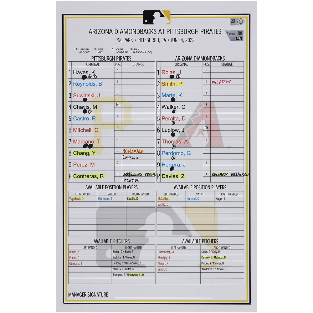 Pittsburgh Pirates Game-Used Lineup Card vs. Arizona Diamondbacks on June 4, 2022