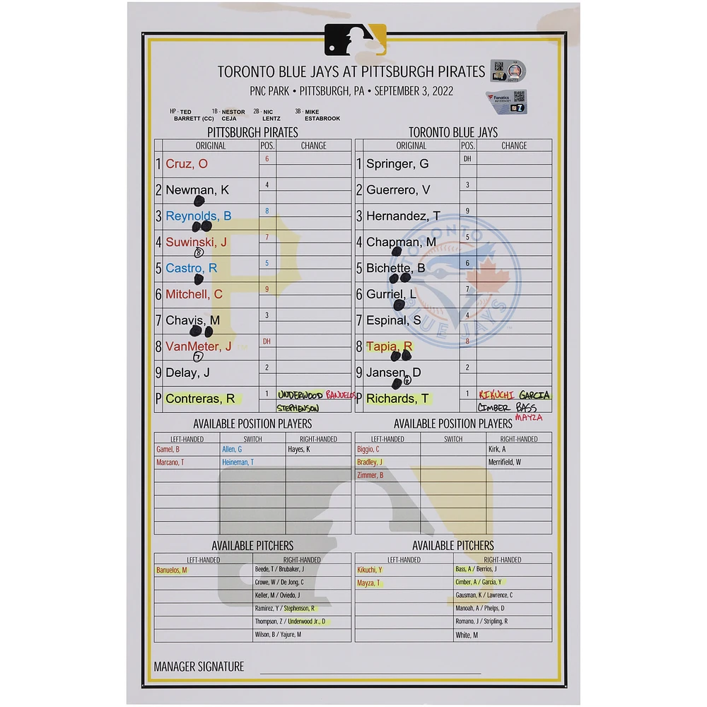 Pittsburgh Pirates Game-Used Lineup Card vs. Toronto Blue Jays on September 3, 2022