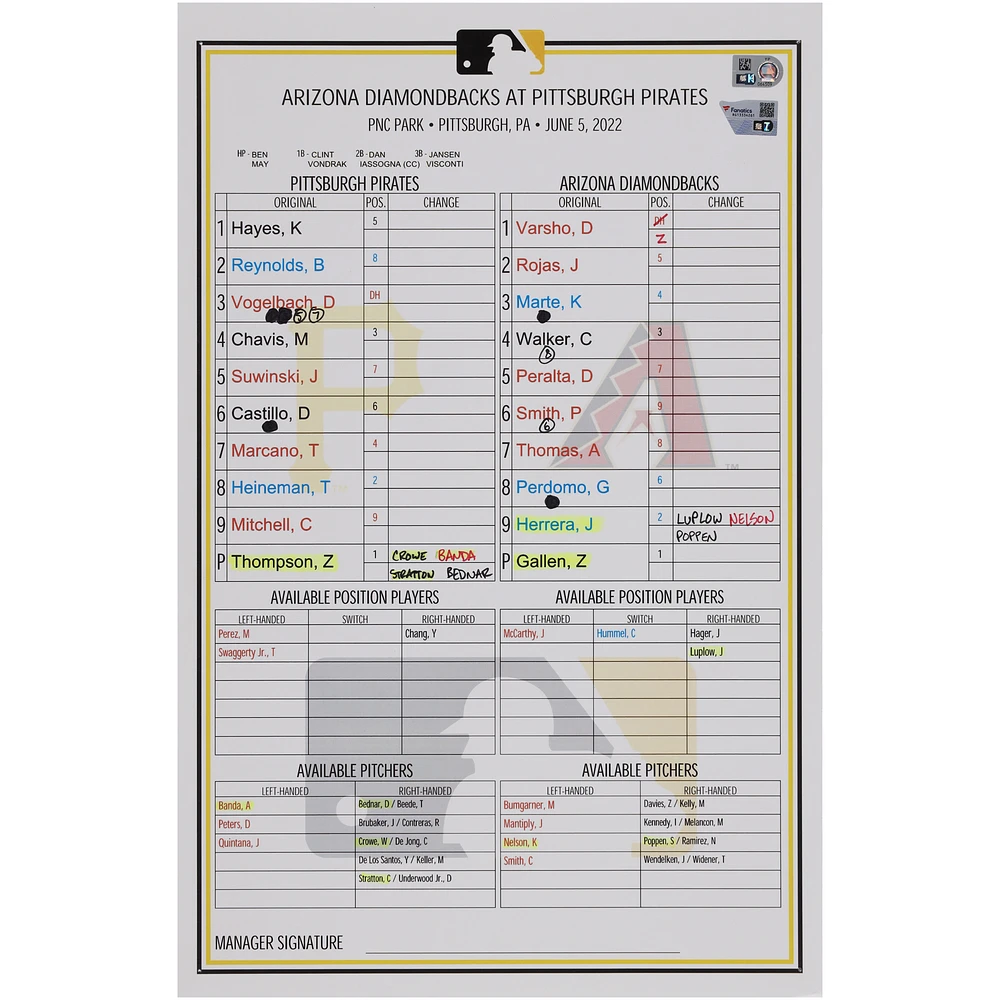 Pittsburgh Pirates Game-Used Lineup Card vs. Arizona Diamondbacks on June 5, 2022