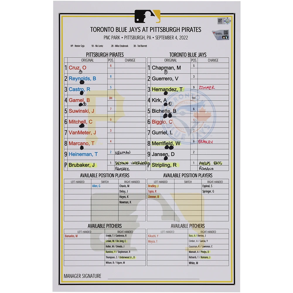 Pittsburgh Pirates Game-Used Lineup Card vs. Toronto Blue Jays on September 4, 2022