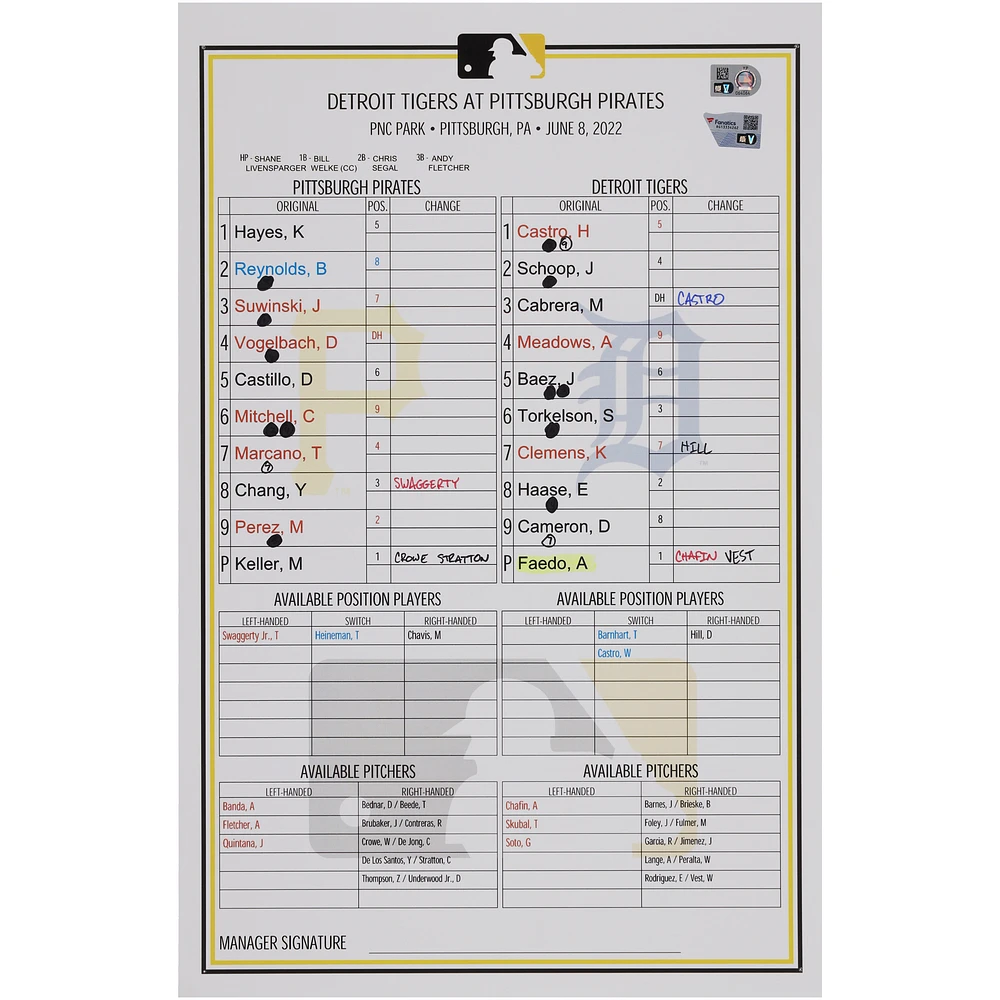 Pittsburgh Pirates Game-Used Lineup Card vs. Detroit Tigers on June 8, 2022