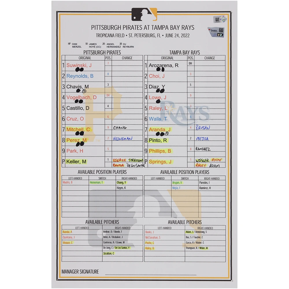 Pittsburgh Pirates Game-Used Lineup Card vs. Tampa Bay Rays on June 24, 2022