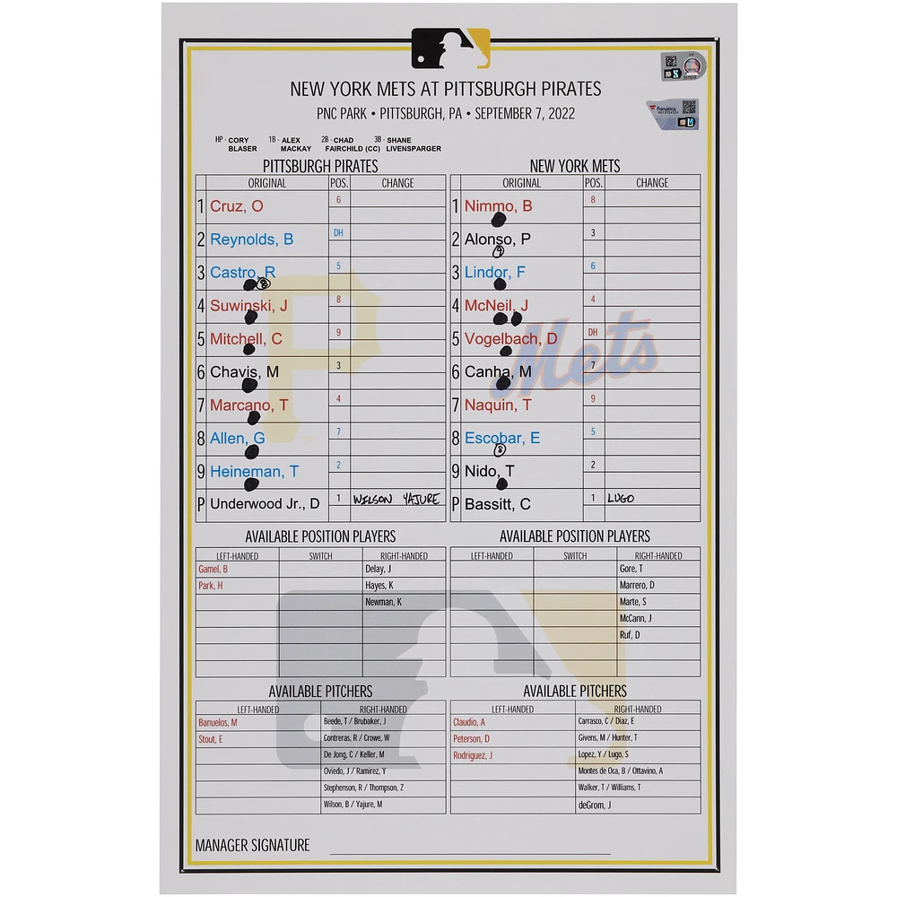 Pittsburgh Pirates Game-Used Lineup Card vs. New York Mets on September 7, 2022
