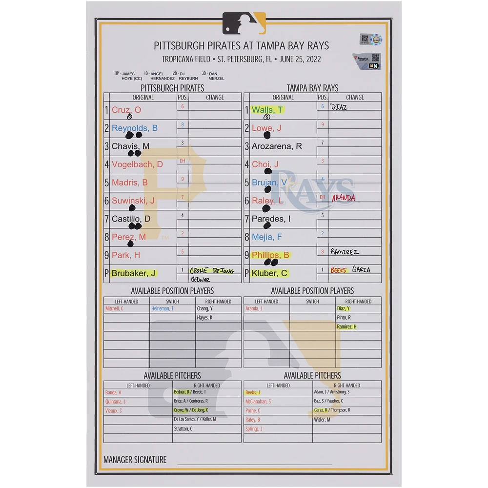 Pittsburgh Pirates Game-Used Lineup Card vs. Tampa Bay Rays on June 25, 2022