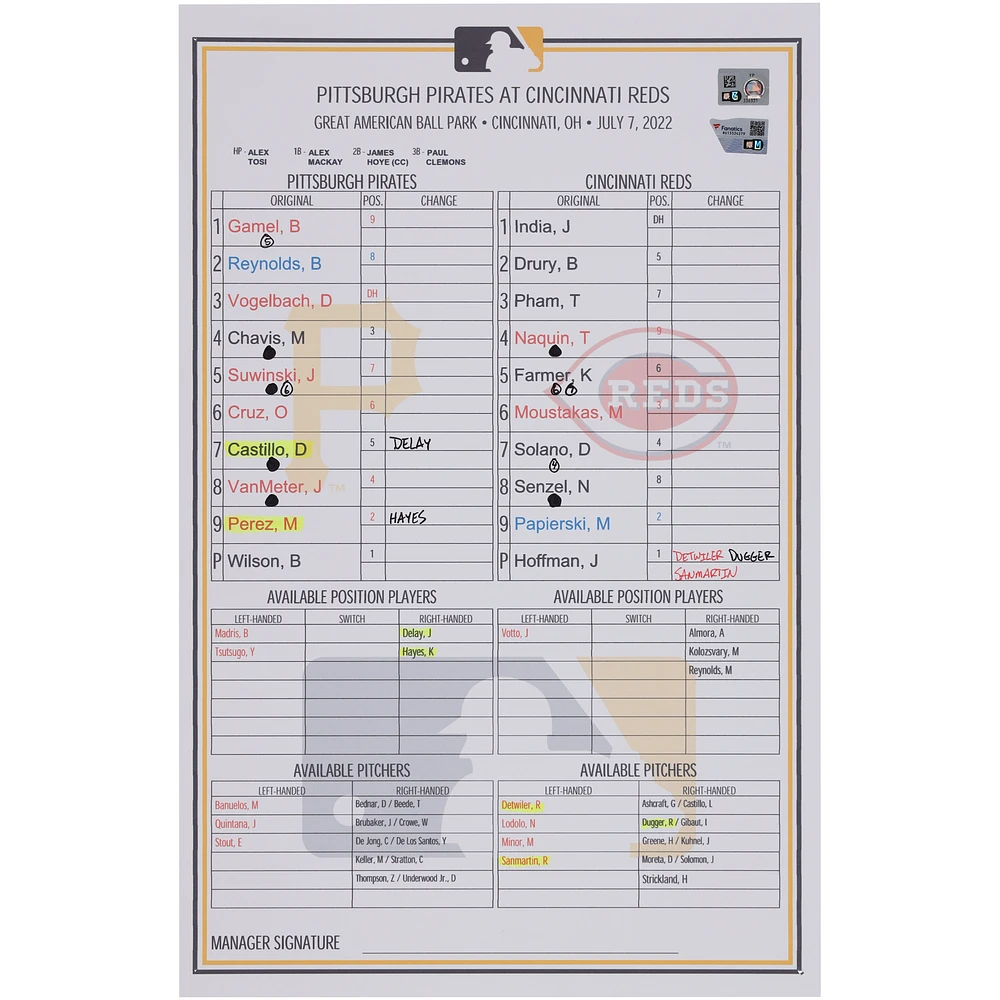 Pittsburgh Pirates Game-Used Lineup Card vs. Cincinnati Reds on July 7, 2022