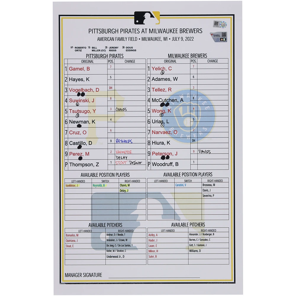 Pittsburgh Pirates Game-Used Lineup Card vs. Milwaukee Brewers on July 9, 2022