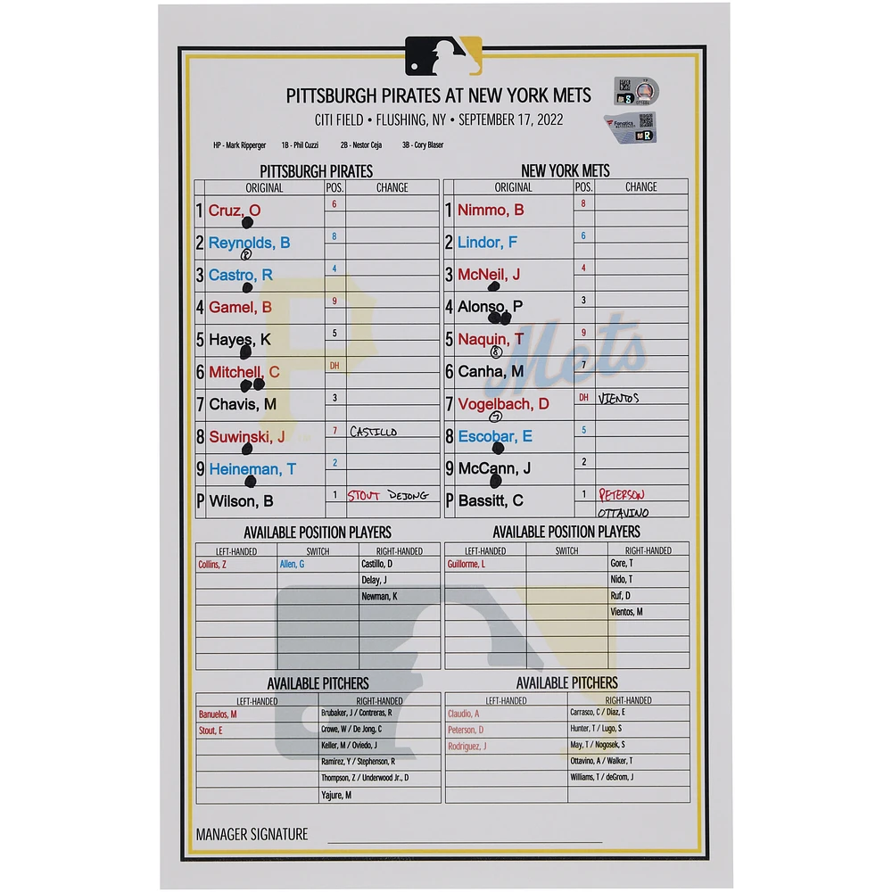 Pittsburgh Pirates Game-Used Lineup Card vs. New York Mets on September 17, 2022