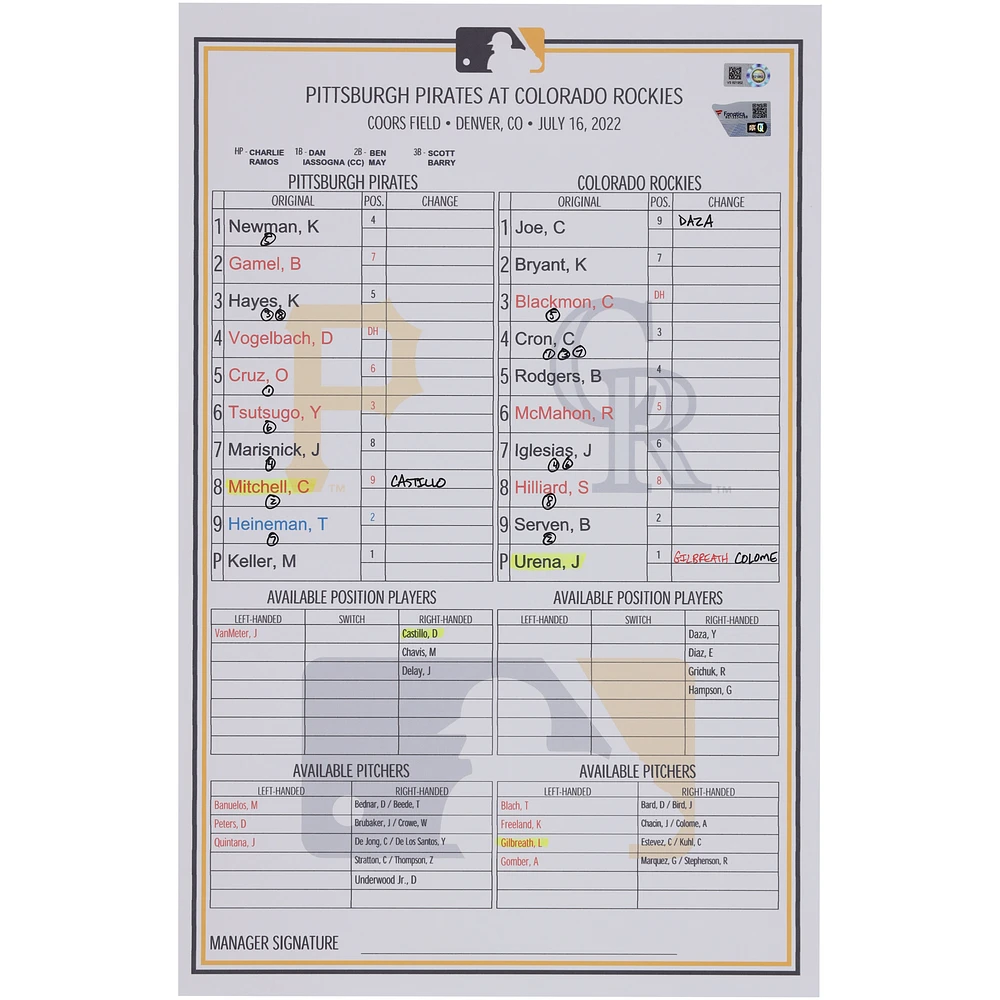 Pittsburgh Pirates Game-Used Lineup Card vs. Colorado Rockies on July 16, 2022
