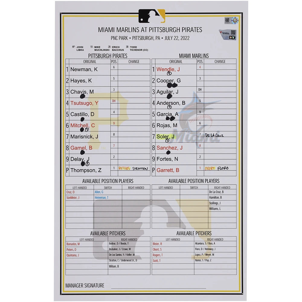 Pittsburgh Pirates Game-Used Lineup Card vs. Miami Marlins on July 22, 2022