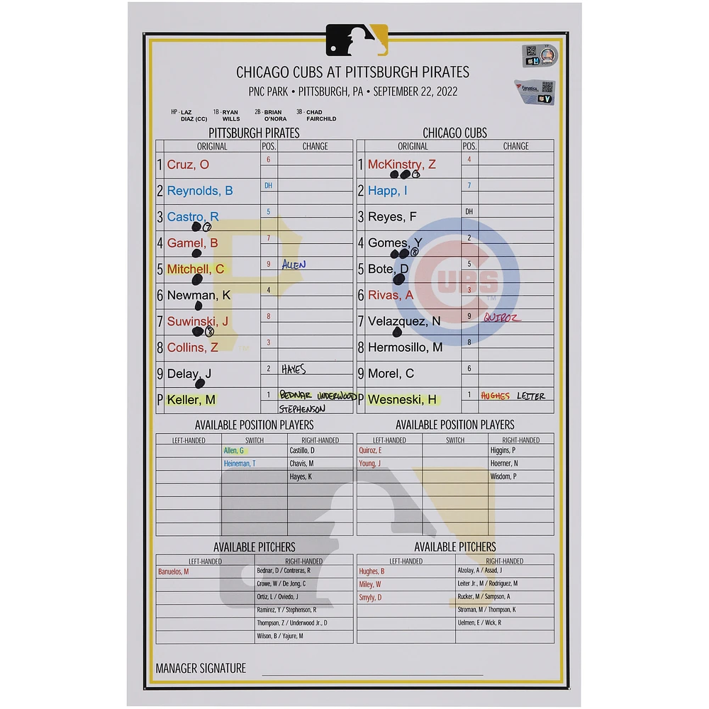 Pittsburgh Pirates Game-Used Lineup Card vs. Chicago Cubs on September 22, 2022
