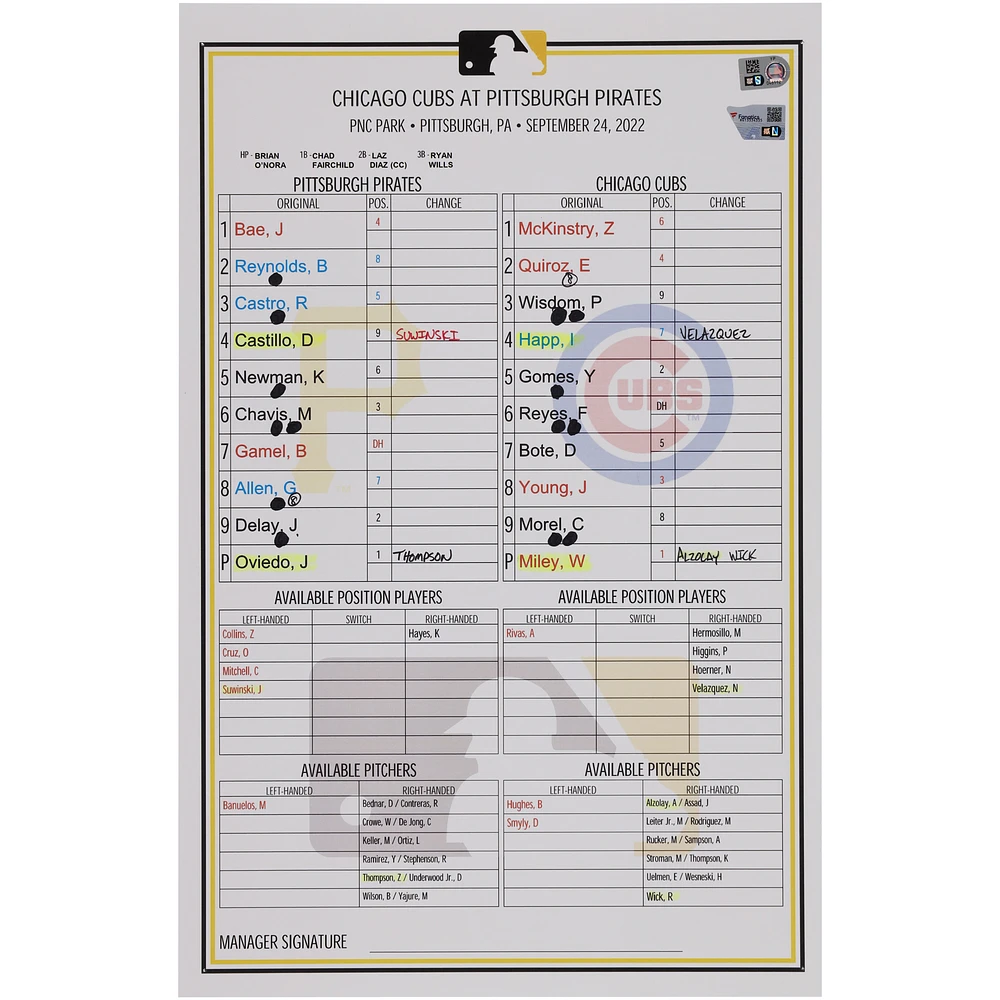 Pittsburgh Pirates Game-Used Lineup Card vs. Chicago Cubs on September 24, 2022