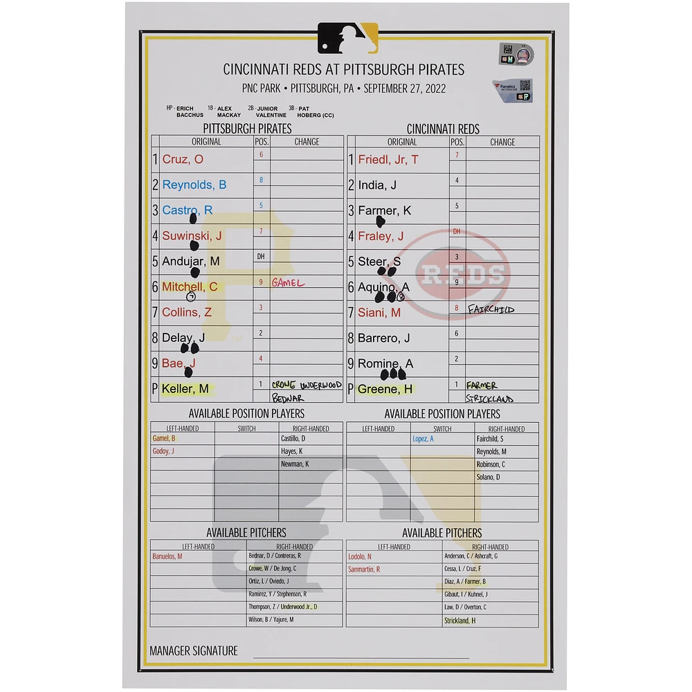 Pittsburgh Pirates Game-Used Lineup Card vs. Cincinnati Reds on September 27, 2022