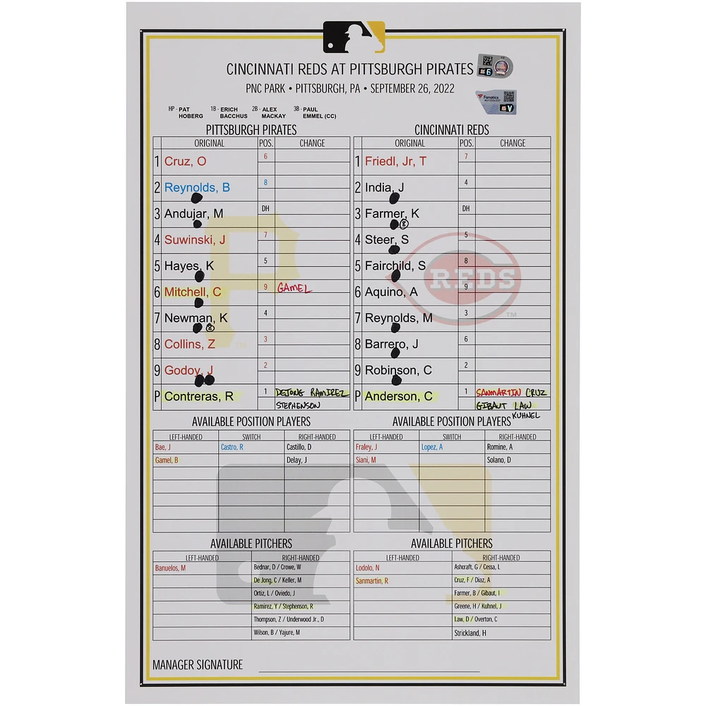 Pittsburgh Pirates Game-Used Lineup Card vs. Cincinnati Reds on September 26, 2022