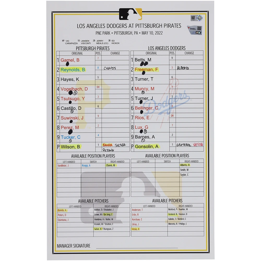 Pittsburgh Pirates Game-Used Lineup Card vs. Los Angeles Dodgers on May 10, 2022