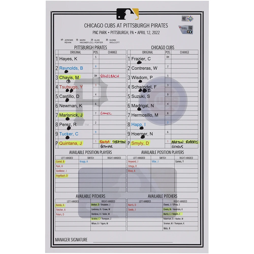 Pittsburgh Pirates Game-Used Lineup Card vs. Chicago Cubs on April 12, 2022