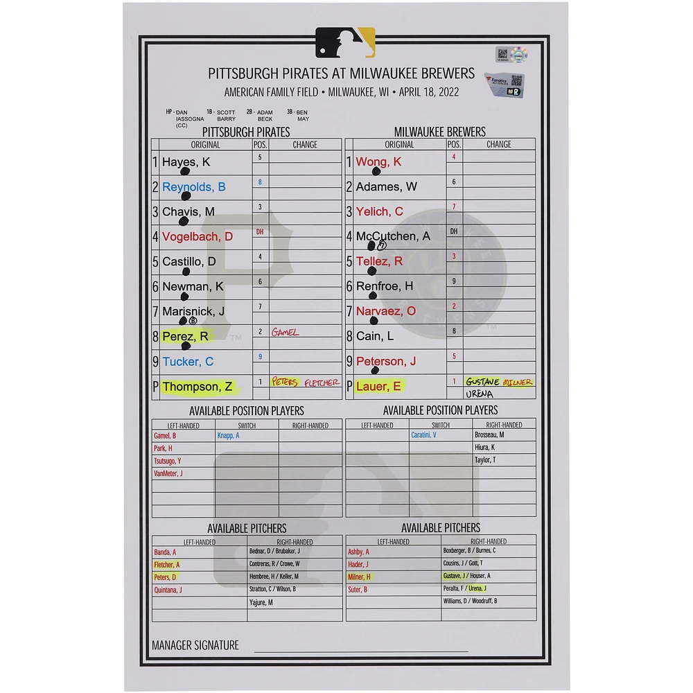 Pittsburgh Pirates Game-Used Lineup Card vs. Milwaukee Brewers on April 18, 2022