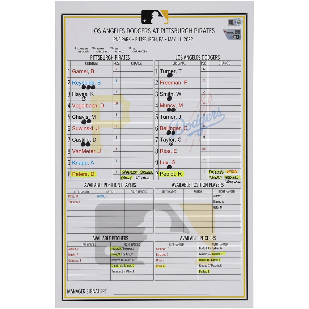 Pittsburgh Pirates Game-Used Lineup Card vs. Los Angeles Dodgers on May 11, 2022