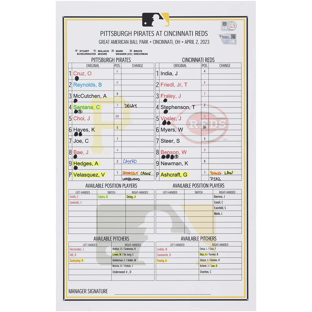 Pittsburgh Pirates Game-Used Lineup Card vs. Cincinnati Reds on April 2, 2023