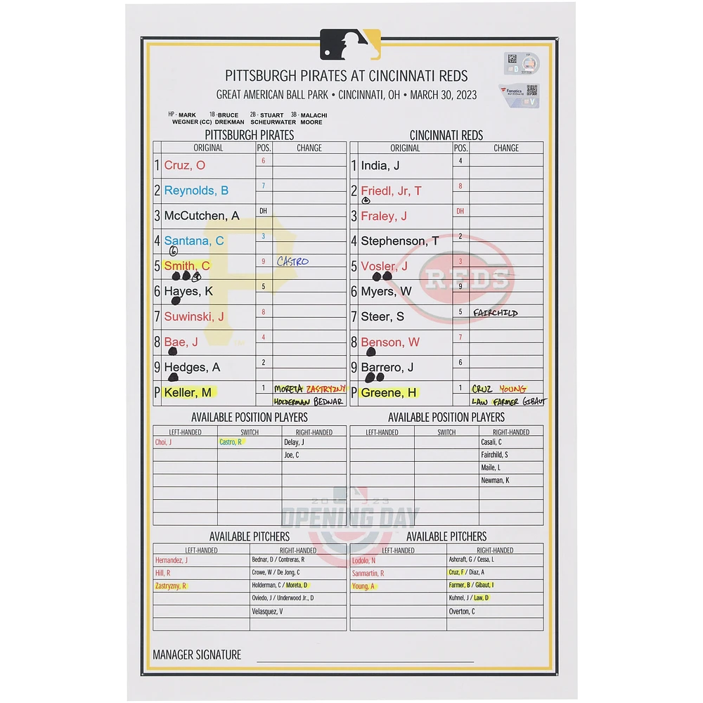 Pittsburgh Pirates Game-Used Lineup Card vs. Cincinnati Reds on March 30, 2023