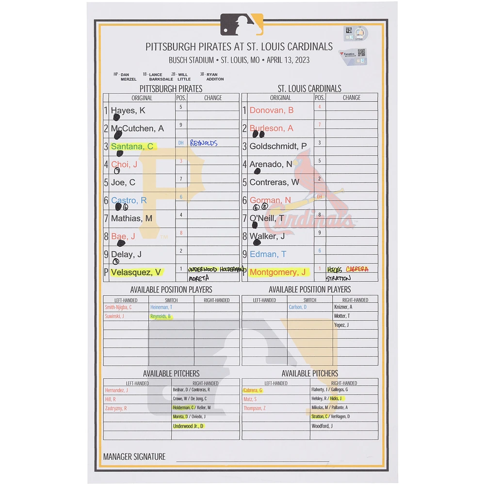 Pittsburgh Pirates Game-Used Lineup Card vs. St. Louis Cardinals on April 13, 2023