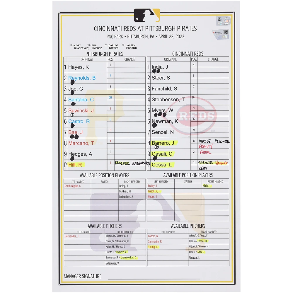 Pittsburgh Pirates Game-Used Lineup Card vs. Cincinnati Reds on April 22, 2023