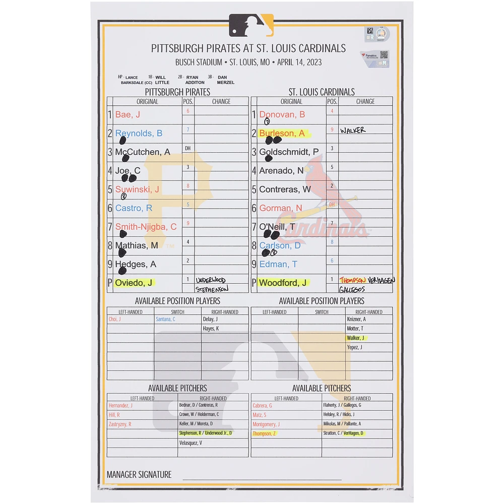 Pittsburgh Pirates Game-Used Lineup Card vs. St. Louis Cardinals on April 14, 2023