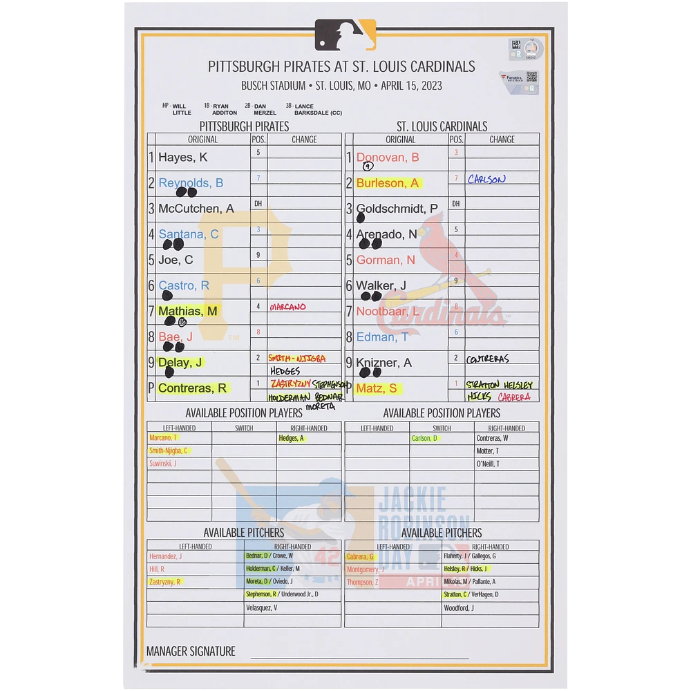 Pittsburgh Pirates Game-Used Lineup Card vs. St. Louis Cardinals on April 15, 2023