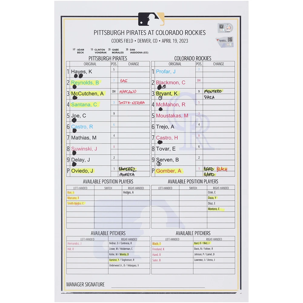 Pittsburgh Pirates Game-Used Lineup Card vs. Colorado Rockies on April 19, 2023