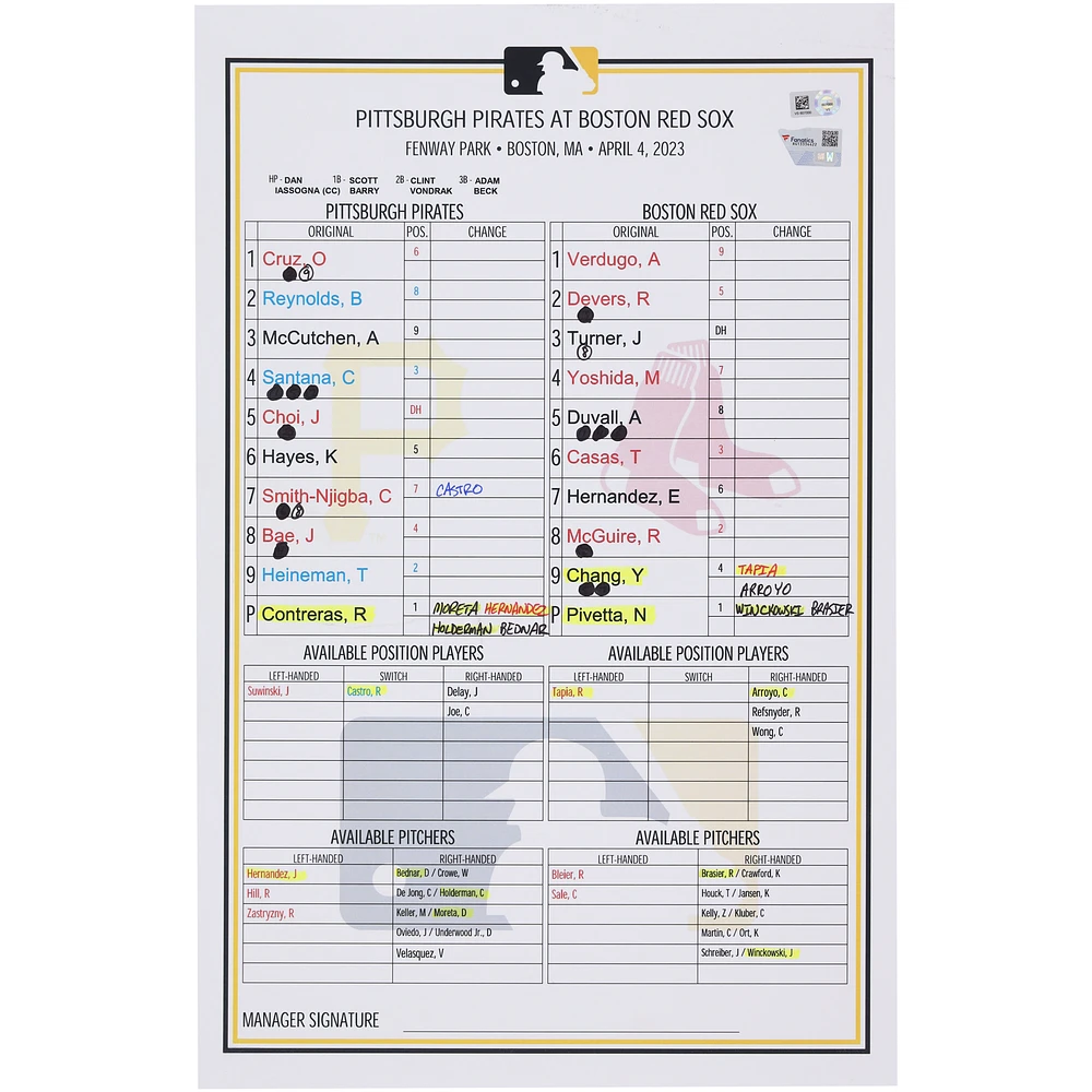 Pittsburgh Pirates Game-Used Lineup Card vs. Boston Red Sox on April 4, 2023