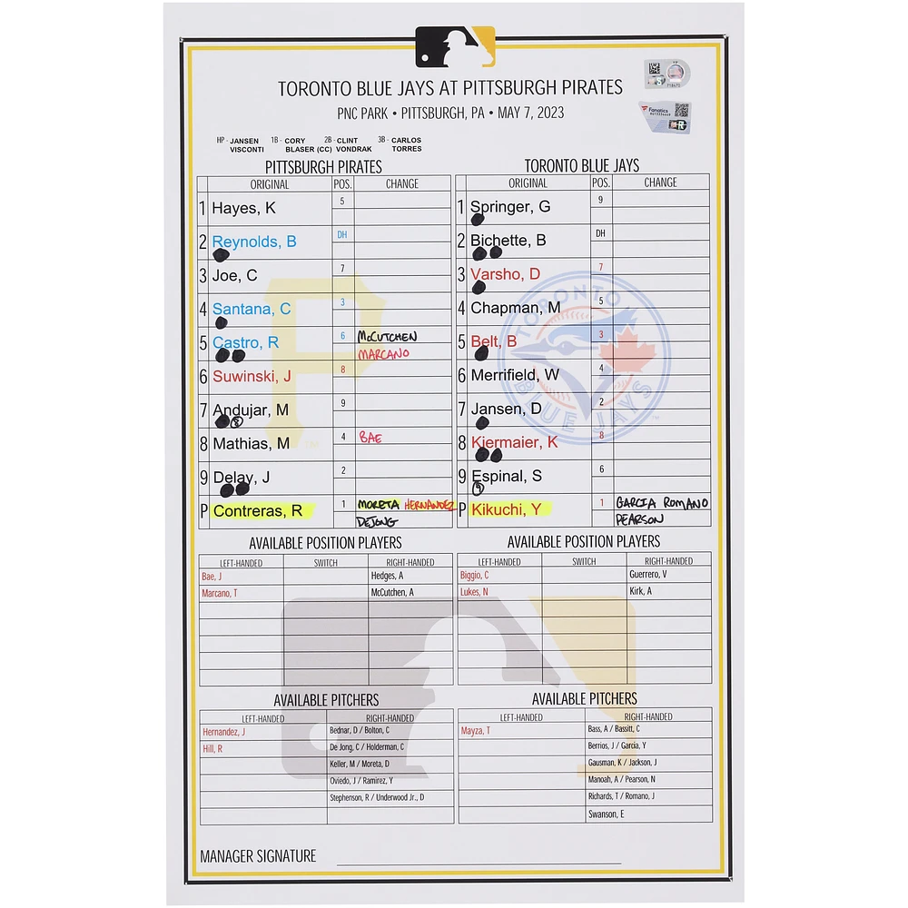 Pittsburgh Pirates Game-Used Lineup Card vs. Toronto Blue Jays on May 7, 2023