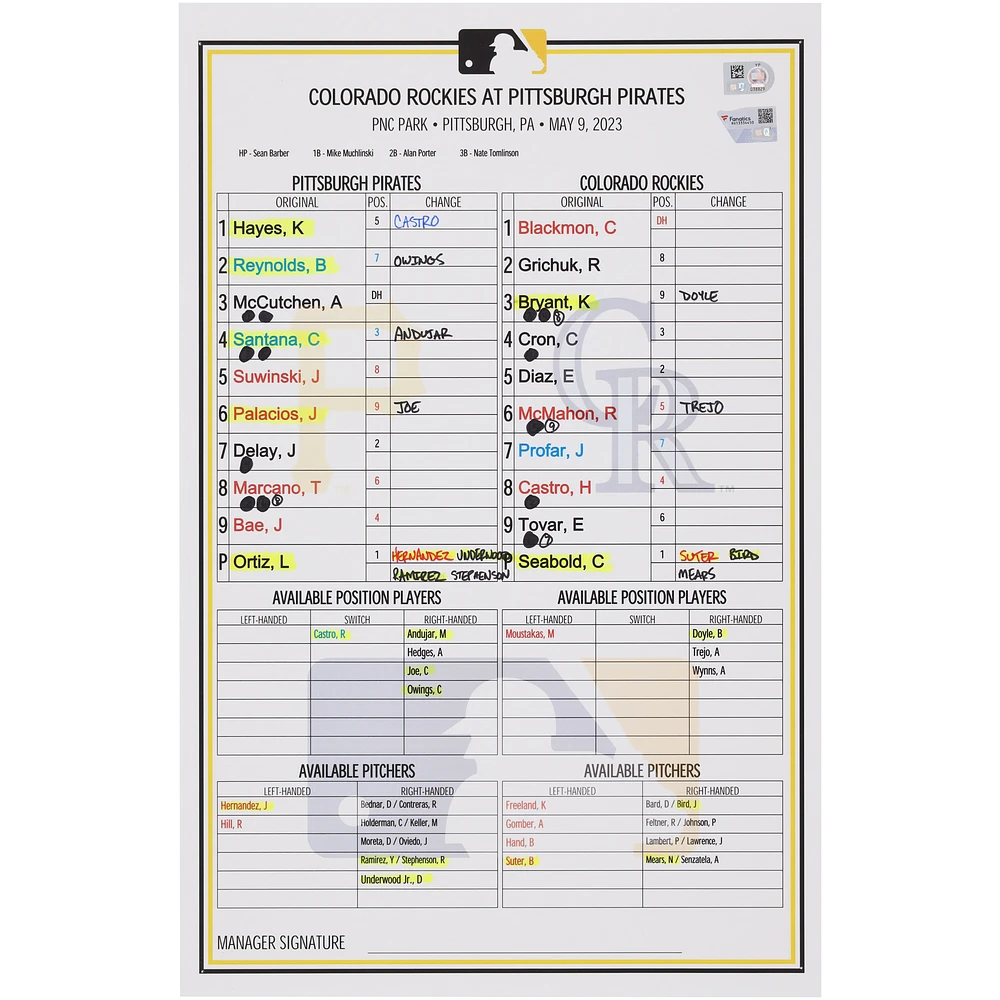 Pittsburgh Pirates Game-Used Lineup Card vs. Colorado Rockies on May 9, 2023