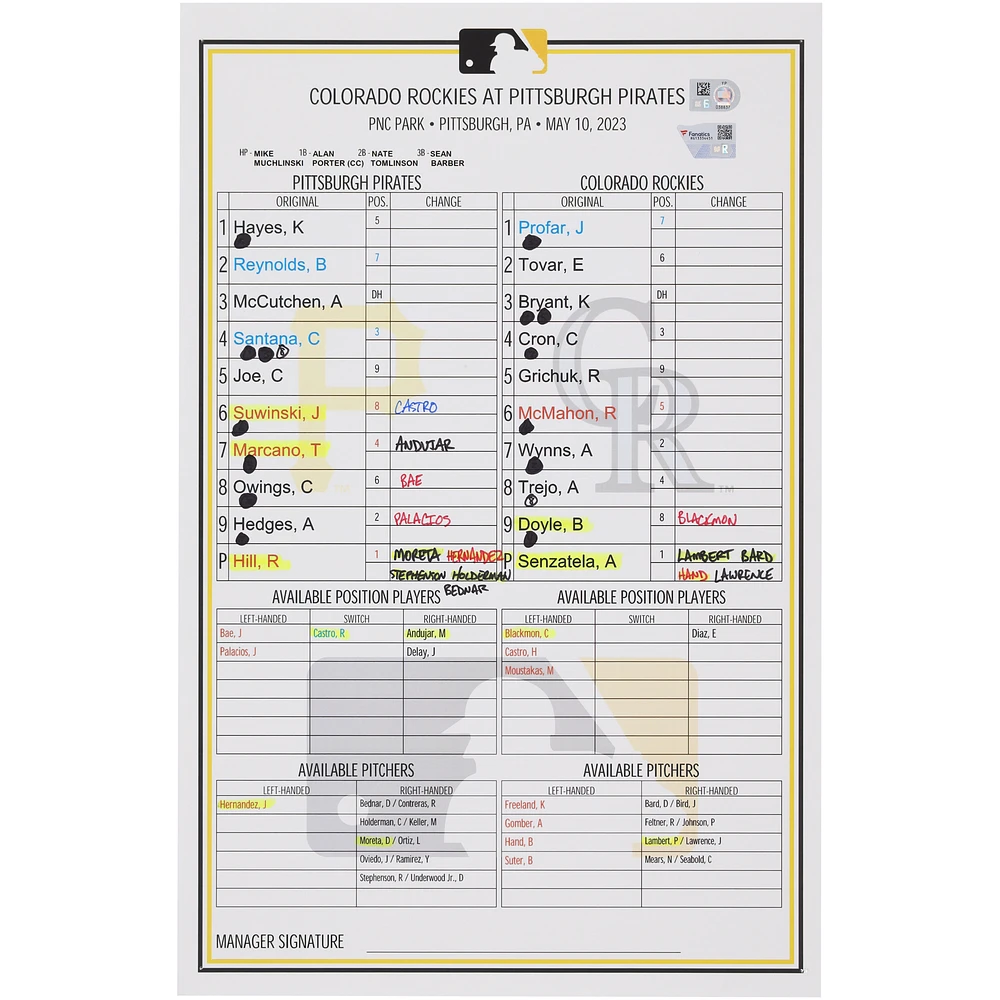 Pittsburgh Pirates Game-Used Lineup Card vs. Colorado Rockies on May 10, 2023