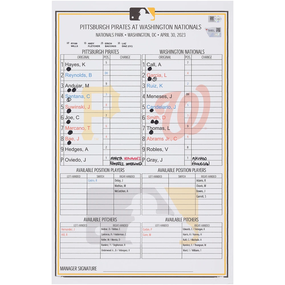 Pittsburgh Pirates Game-Used Lineup Card vs. Washington Nationals on April 30, 2023